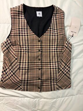 CAbi Plaid Button Vest in Beige, Black & Navy